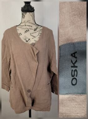 OSKA Linen Jacket Womens Sz 4 Button-Front Brown Coastal Lagenlook Capsule